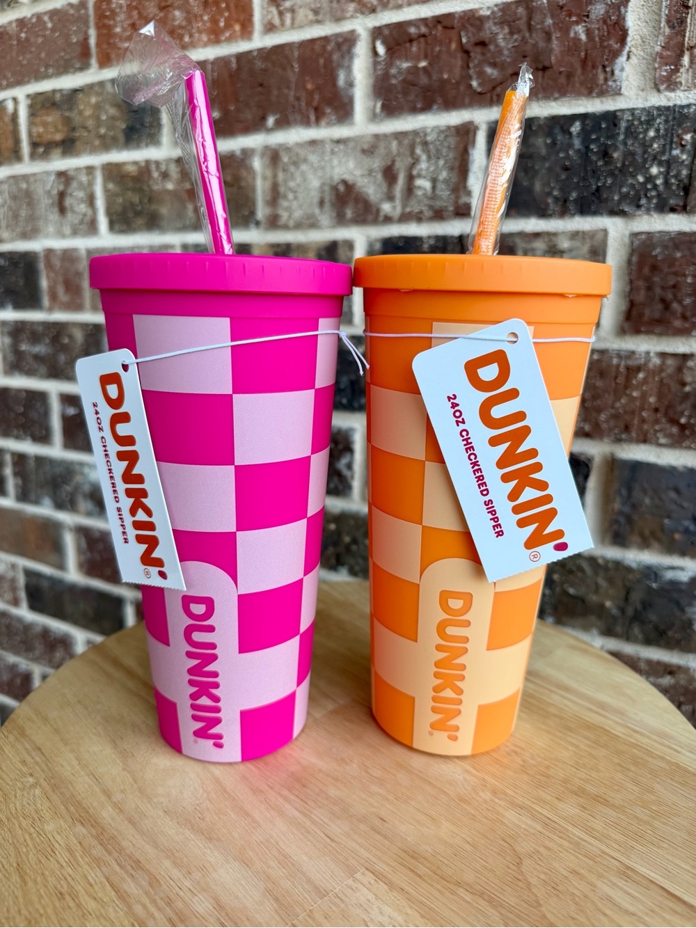 NWT Dunkin Checkered Reusable Tumbler Set - Pink & Orange